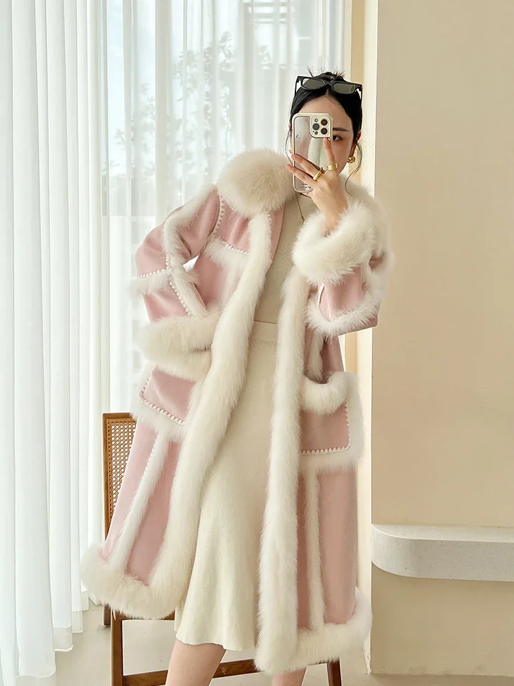 Fur jacket women's color matching high-end splicing fox hair winter long new double-sided woolen coat fashion down jacket retro