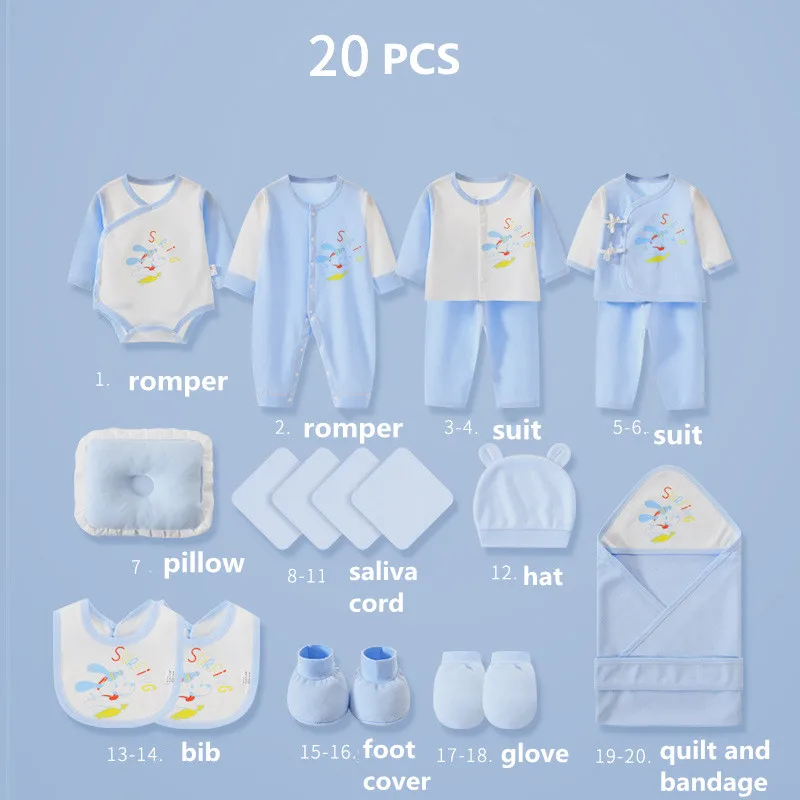 20 pieces/lot Newborn Baby Clothes Sets For Girls Boys 100% Cotton Infant Spring Autumn Clothes Outfits Baby Rompers Hat Bibs