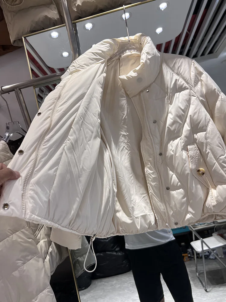 Damen Winter neuer kurzer Daunenmantel koreanische Version Stehkragen Tasche Knopfband Brot weiße Ente Daunenjacke