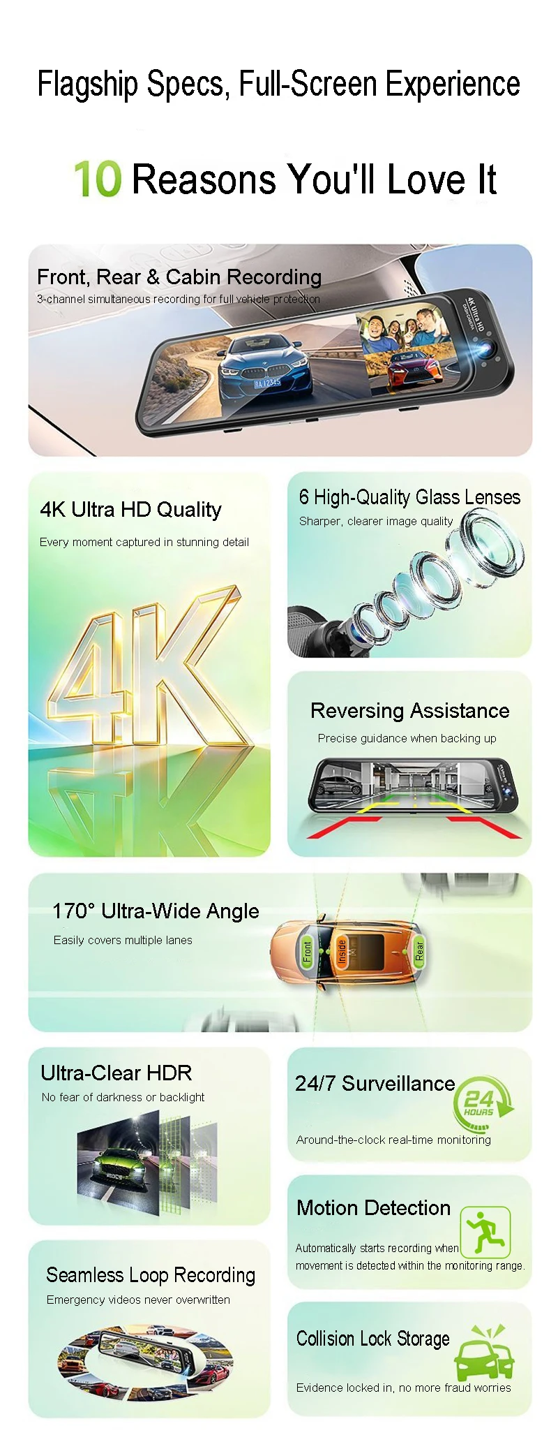3-Linsen-Fisheye-Streaming-Dashcam 4K mit Volltouchscreen, App-Steuerung, 24-Stunden-Parkmodus, Bewegungsmelder, G-Sensor, Zeitraffer und Datenschutz-Aufnahme – Detail 2