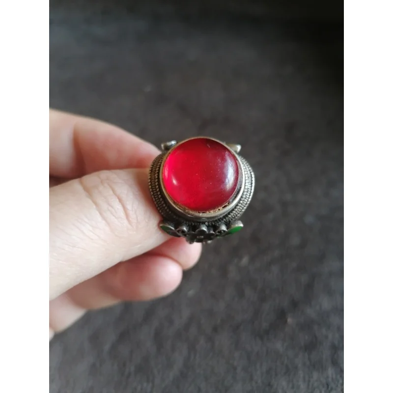 Antique Collection Ruby round Ring Gem Old Silver Inlaid Silver Ring with Opening Pure Silver Ring Ring Wholesale