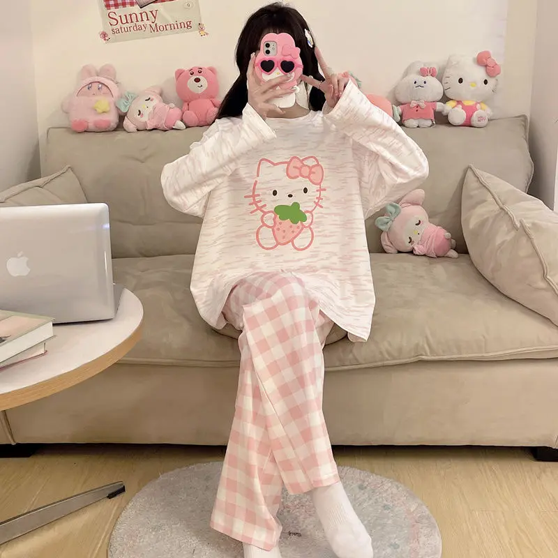 New Kawaii Hello Kitty Cartoon Large Size Pajamas Set Sanrioed Women Anime My Melody Spring Cotton Homewear Cute Nightgown Hot