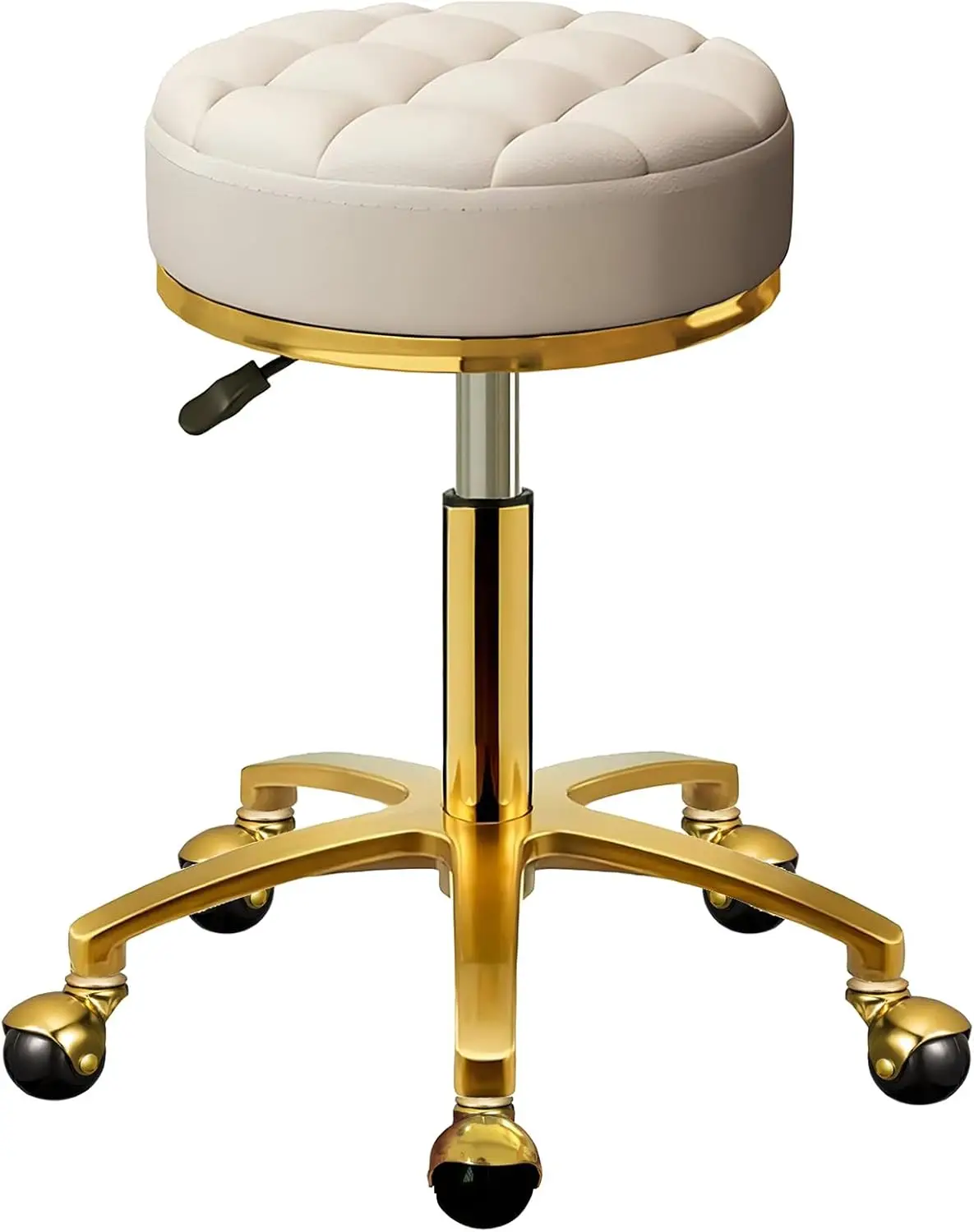 Rolling Stool Gold Vanity Stool With Wheels, Pedicure Massage Roller Stools, Pu Leather Round Swivel Salon Spa Chair, Titanium