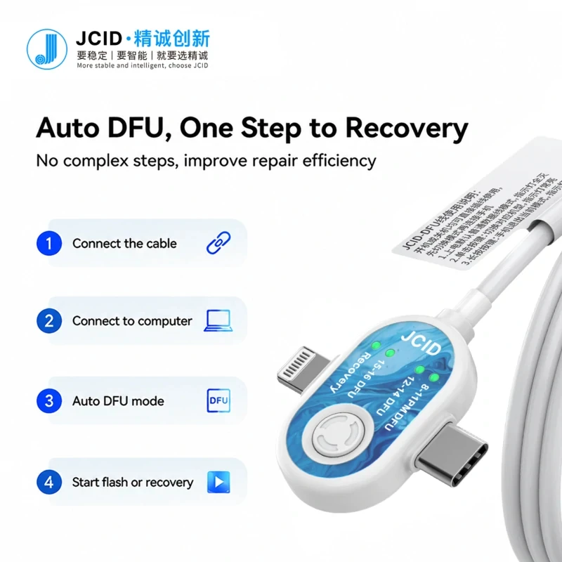 JCID Cable de Recuperación DFU de Doble Puerto Lightning Tipo-C Entrada Automática a Modo DFU para iPhone 8-16 Reparación y Restauración 5