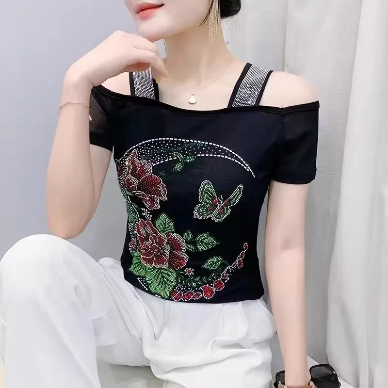 

New Summer European Clothes Women's T-Shirts Luxury Butterfly Hot Diamonds Tees Sexy Streetwear Off Shoulder Tops Shirt