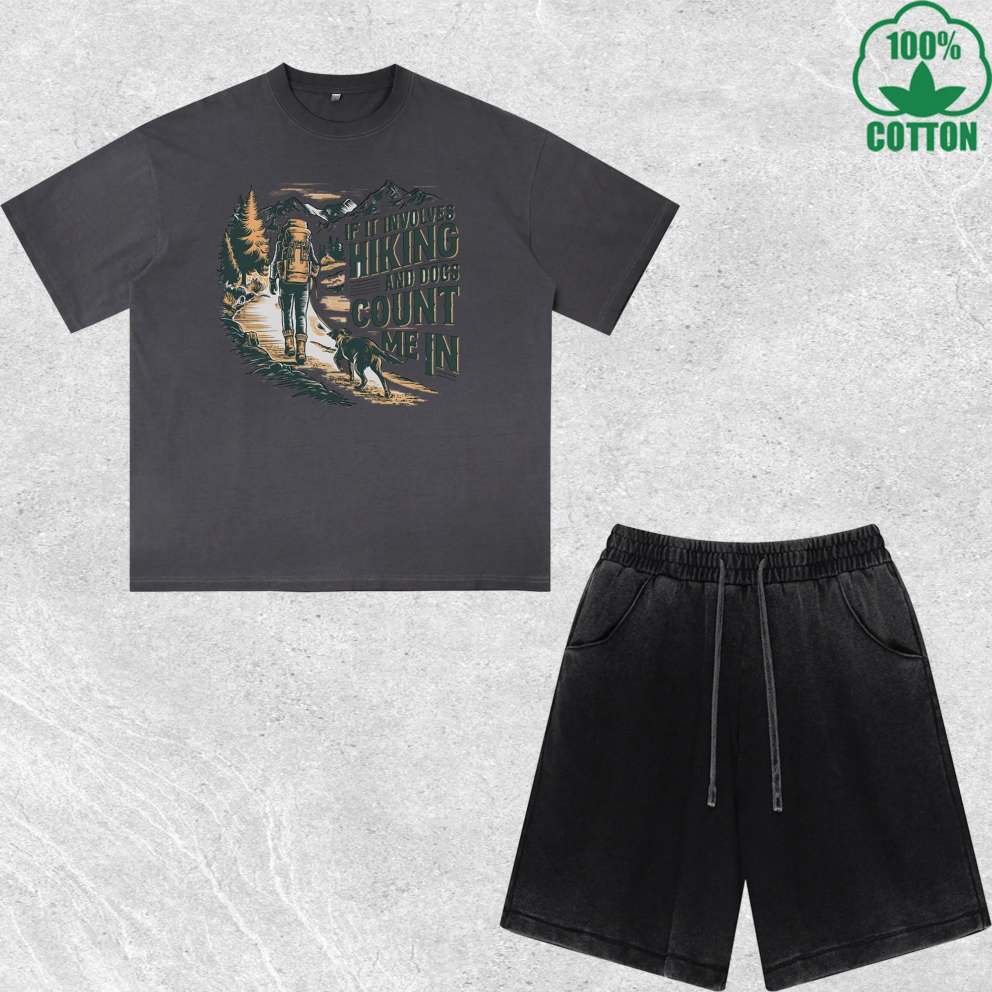 

Mountaineer Printed Dirty Wash T-Shirt Shorts Set Multicolor Combo Loose Trendy Fashionable 100%Cotton
