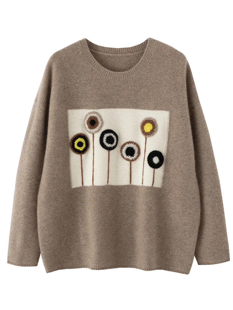 

Fashion Women O-neck Cashmere Sweater Spring Autumn Winter 100% Cashmere Knitwear Crochet Flower Chic Warm Casual Pullover Tops