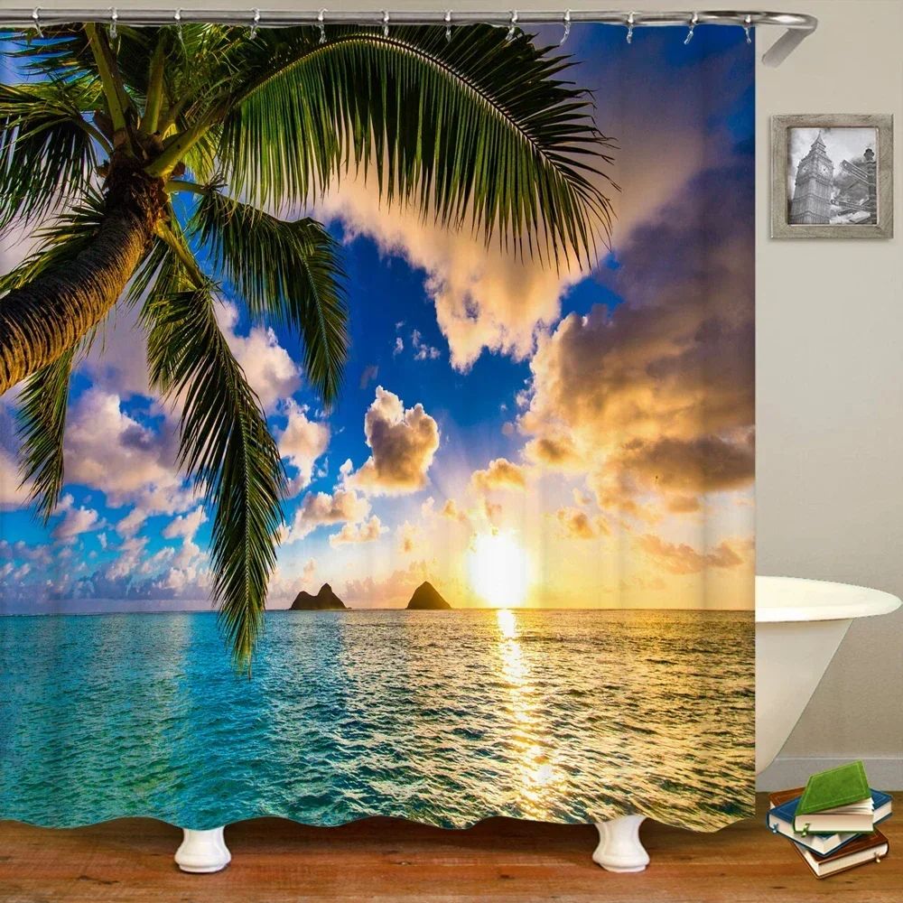 Waterproof Shower Curtain Various Sunshine Beach Scenery Seaside 3D Printing Shower Curtain Polyester Home Decor Curtain
