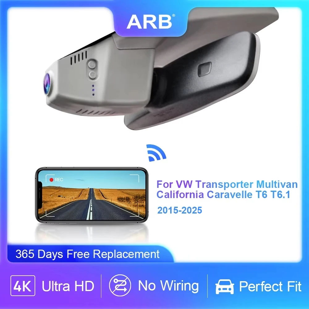 ARB 4K Dash Cam for VW Transporter Multivan California Caravelle T6 T6.1, Car Video Recorder with Night Vision, Loop Recording