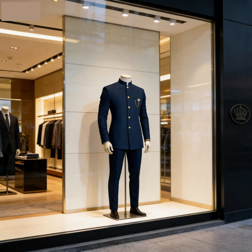 

Men's Stand Collar Blazer And Long Trousers Set Unique Chest Design African Style Formal Business Suit Solid Color