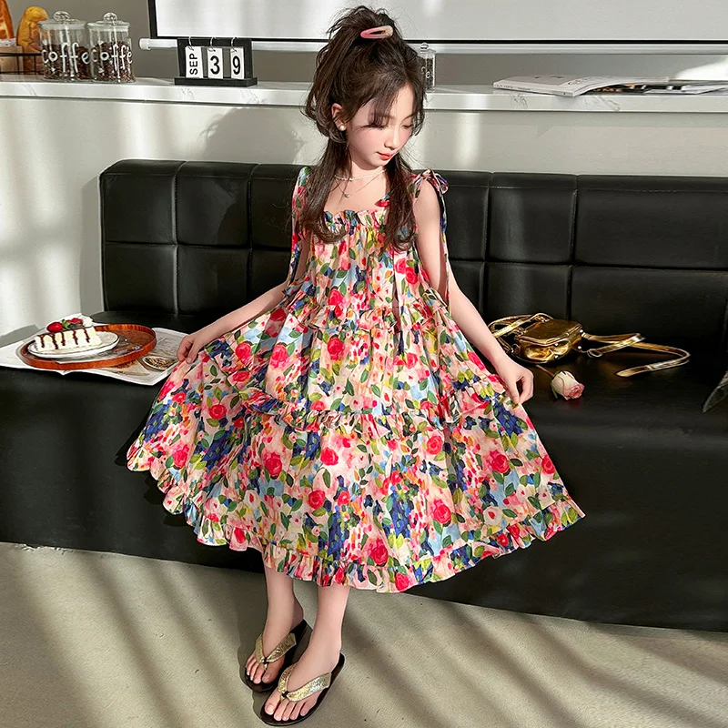 Girls' 2024 summer dress new Korean version of western style suspenders floral dress skin-friendly breathable quality fabric.