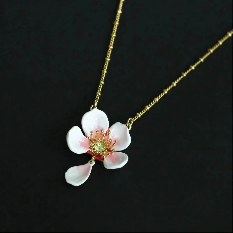 Spring Summer Gentle Sense White Cherry Blossom Pendant Necklace Handpainted Enamel Pink Pear Flower Petal Sunflower Rhinestone