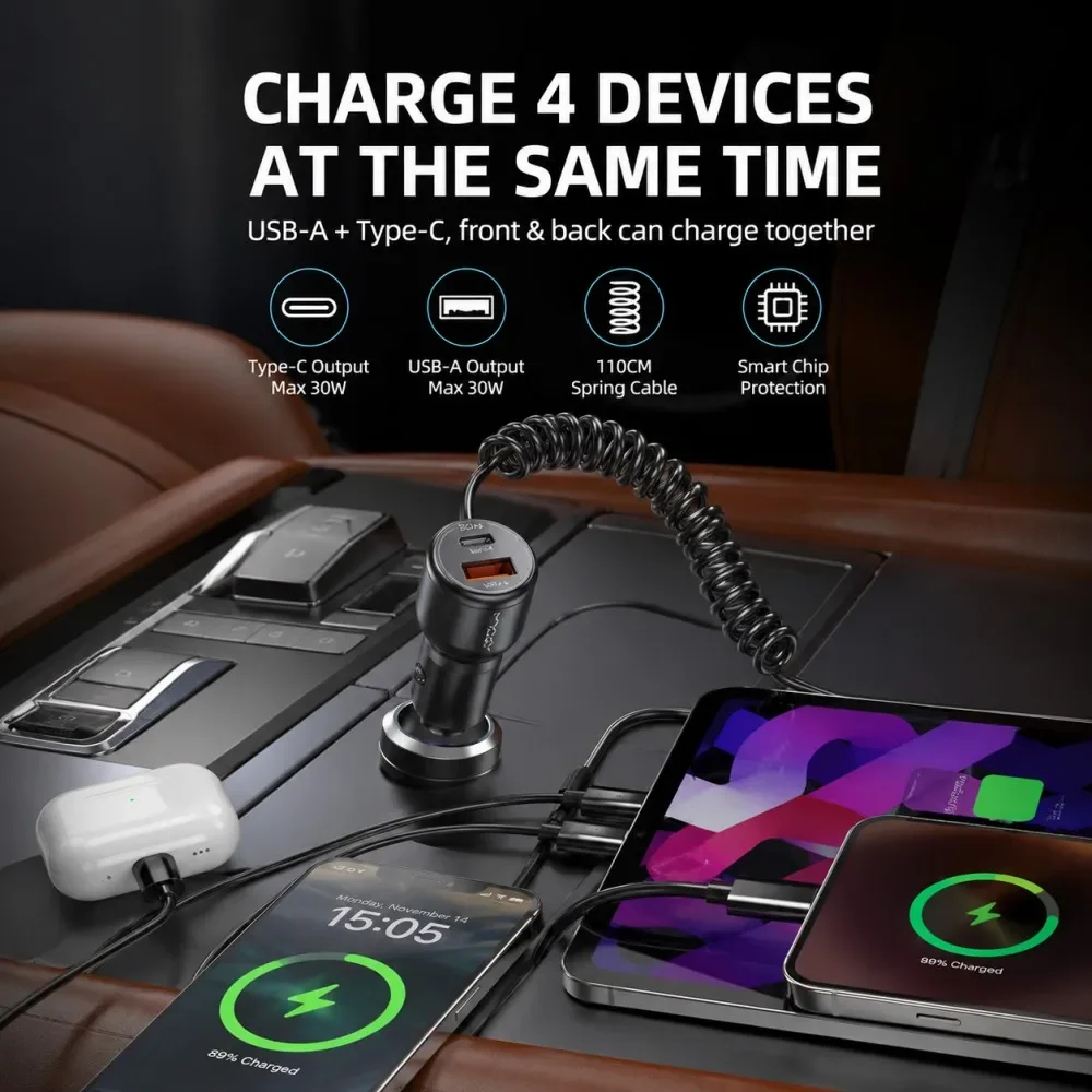 Vyvylabs New 66W Car Charger USB C USB A Dual Port Fast Charging Adapter 2 in 1 Coiled Cable 110cm for 12V 24V Cars Trucks SUVs