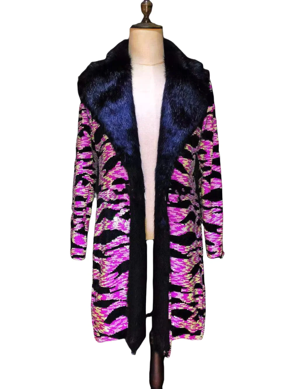 New Fluorescence Pink Zebra Print  Long Coat Fashion Fur Collar Jacket Costumes Nightclub bar Male Singer Dance Stage Show Coat