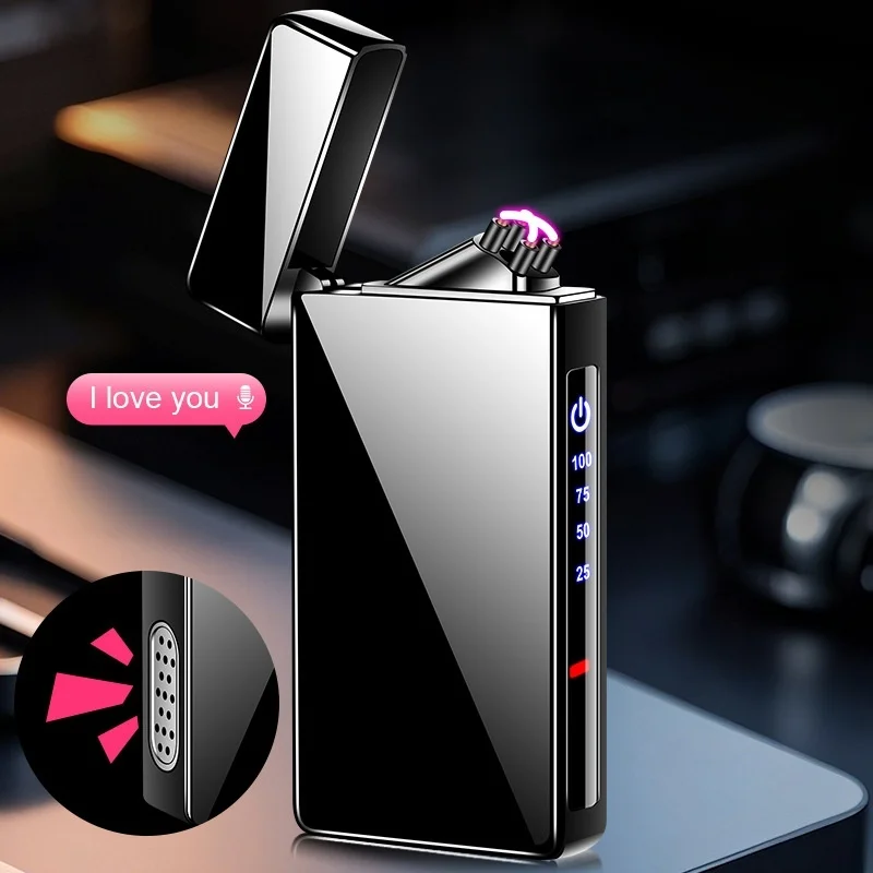 Voice Recording Dual Arc Lighter USB Rechargeable Windproof LED Power Display Metal Flip Cover Men Gift Present for Him