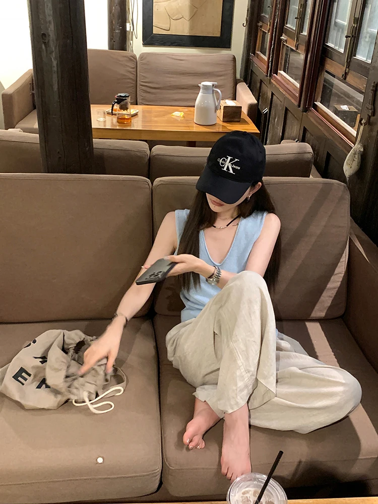 

Вязаный льняной жилет Lazy Girl: Свободный крой, модный повседневный женский топ, удобная дышащая летняя верхняя одежда