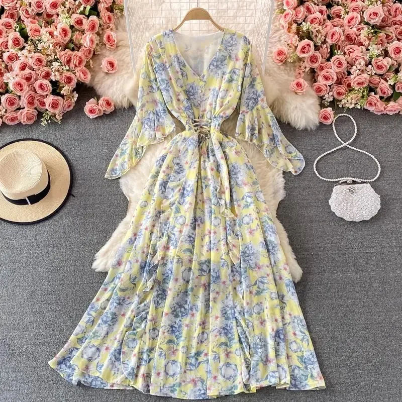 2024 Summer Women Long Dresses V-neck Bohemian Casual High Waist Beach Woman Chiffon Dresses Floral Vestidoes Maxi Dress