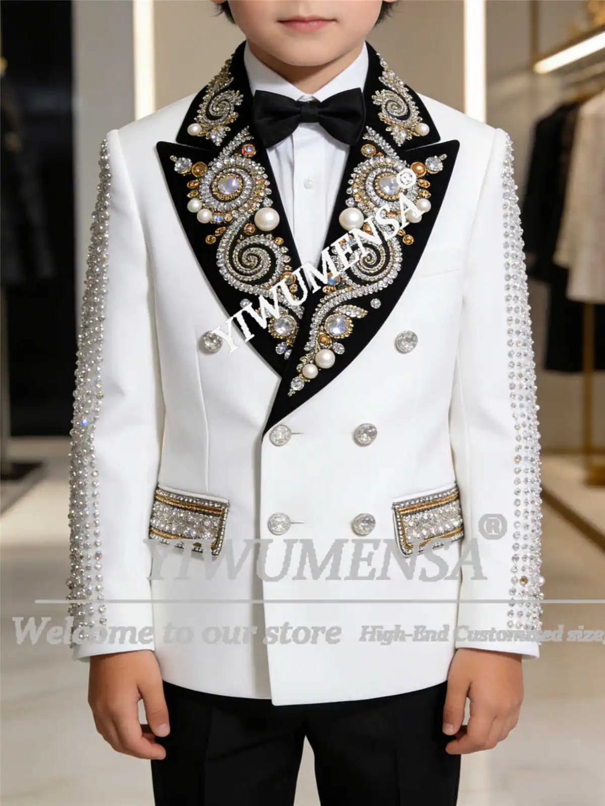 Sparkly Beaded Crystals Boy Suits For Wedding Double Breasted Jacket Pants 2 Piece Sets Children Tuxedos Customized Kids Attire