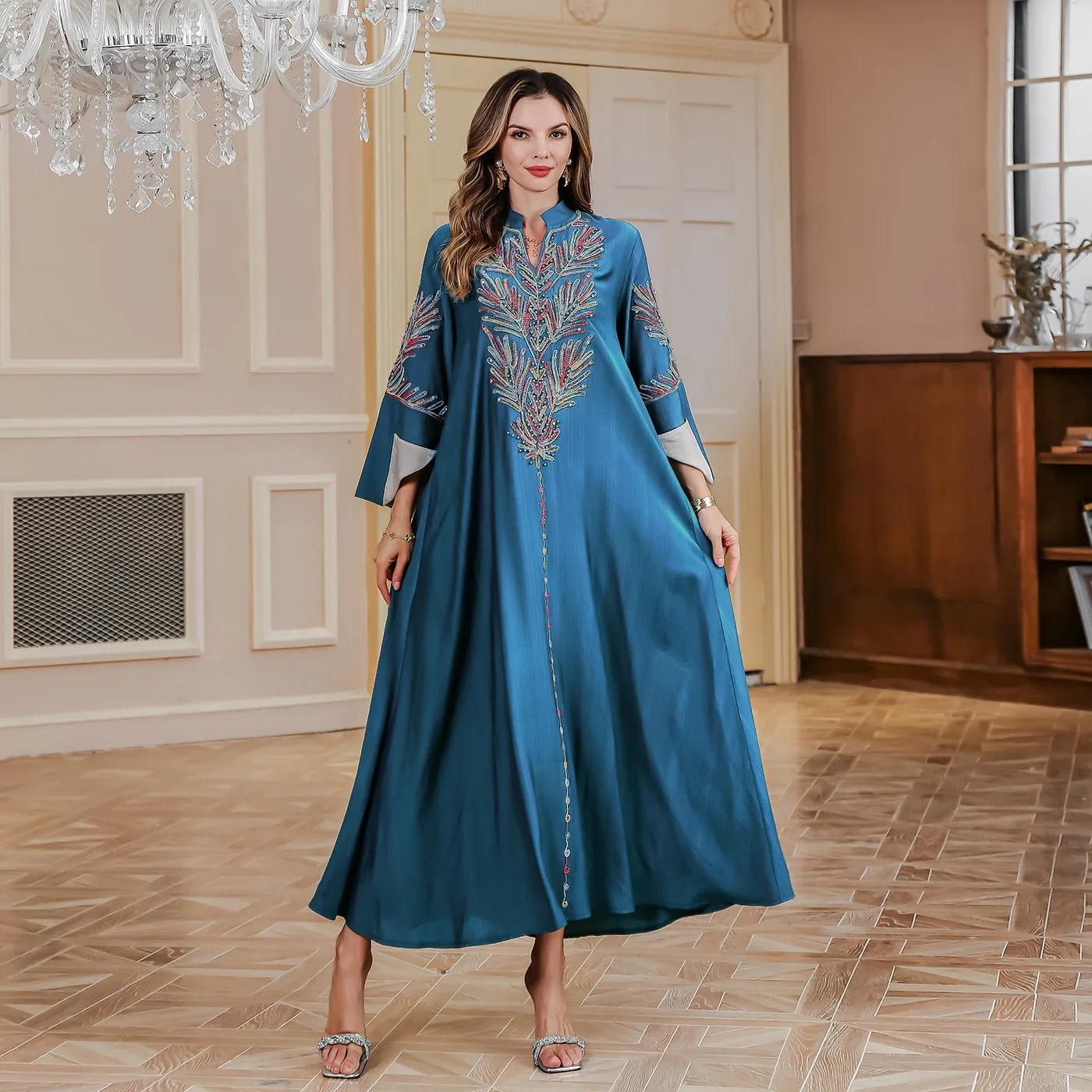 

Eid Djellaba Дубай Abaya Роскошная вышивка бисером Jalabiya для женщин мусульманское платье искусственная кожа индейка кафтан мусульманская одежда арабский халат