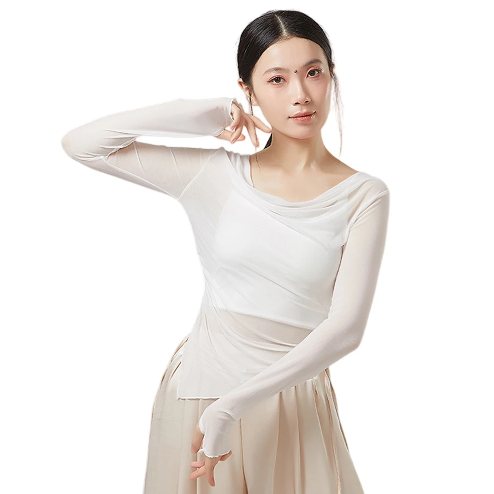 Ropa de práctica de danza clásica con mangas tipo guante, diseño de tul con abertura lateral, estilo chino, ropa casual elegante, disfraz para actuaciones escénicas