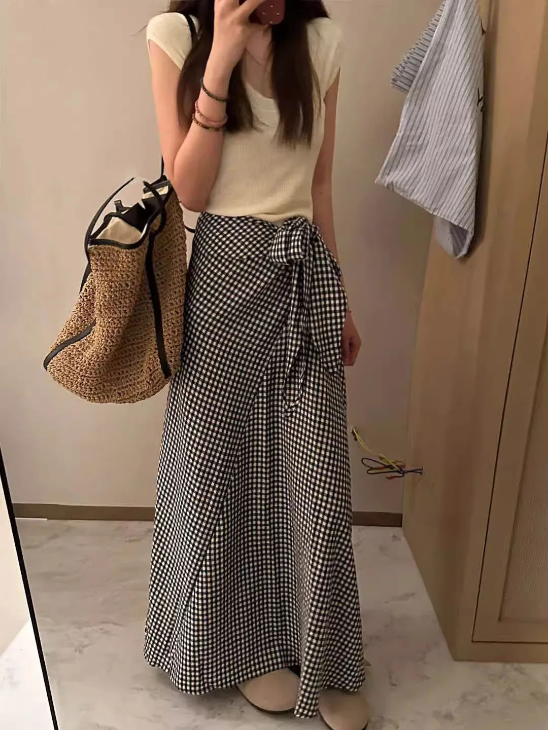 

Summer Plaid A-Line Midi Skirt Women's Fashion Casual High Waist Skirt Knot Design Asymmetrical Skirt Polyester Fiber