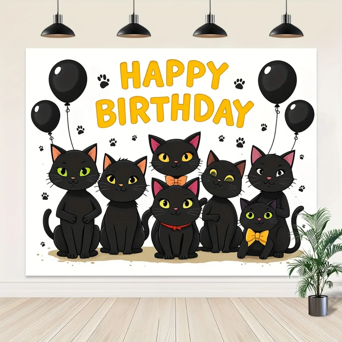 Ein Geburtstagsbanner mit einer schwarzen Katze – eine leichte und faltbare Dekoration aus Polyesterfaser, ausgestattet mit Luftballons und festlichem Design.