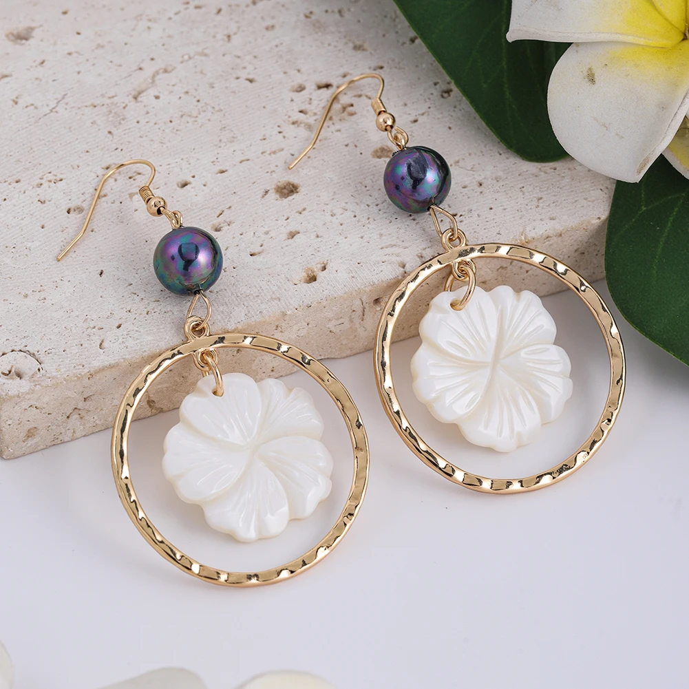 Cring Coco Natural White Shell Earrings Women\'s Hawaiian Earing Flower Fashion Jewelry Dangle Earrings with Shells for Women