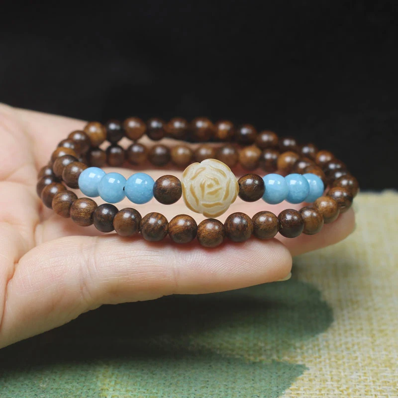 Black rosewood 6mm double-loop bracelet with bodhi flower , Buddhist prayer beads, women's decorative jewelry, hand accesso