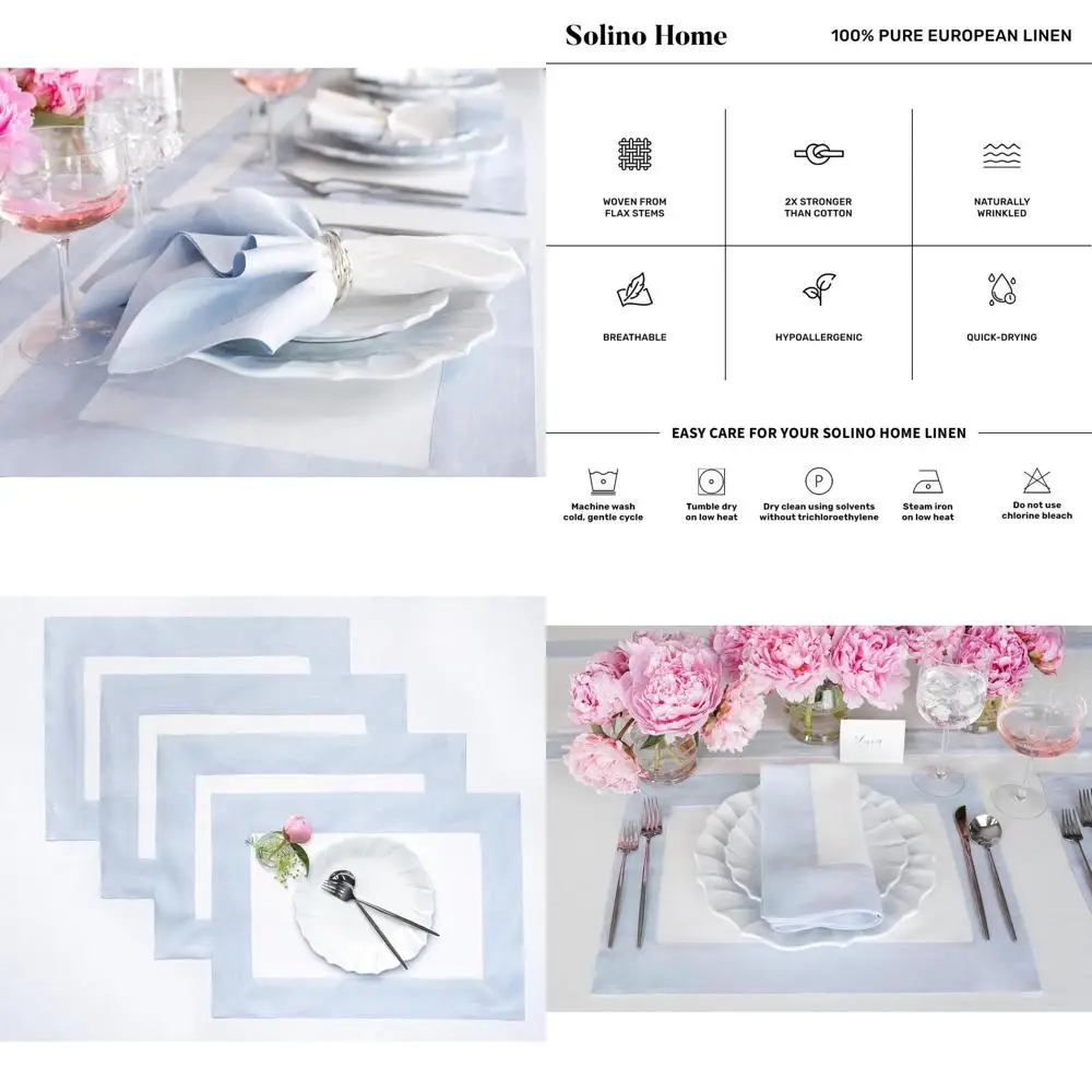 

Set of 4 Linen Placemats - 14x19 Inches, Light Blue & White, Pure Linen for Christmas, Modern & Handcrafted, Machine Washable