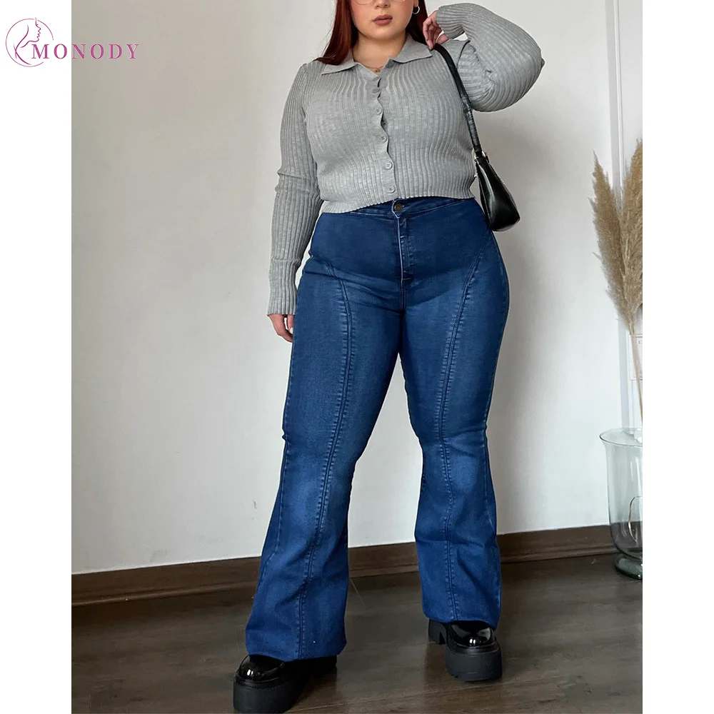 Women's Blue High Waist Flare Stretch Jeans Bell Bottom Butt Lifter Pants Flare Leggings with Pockets Y2k