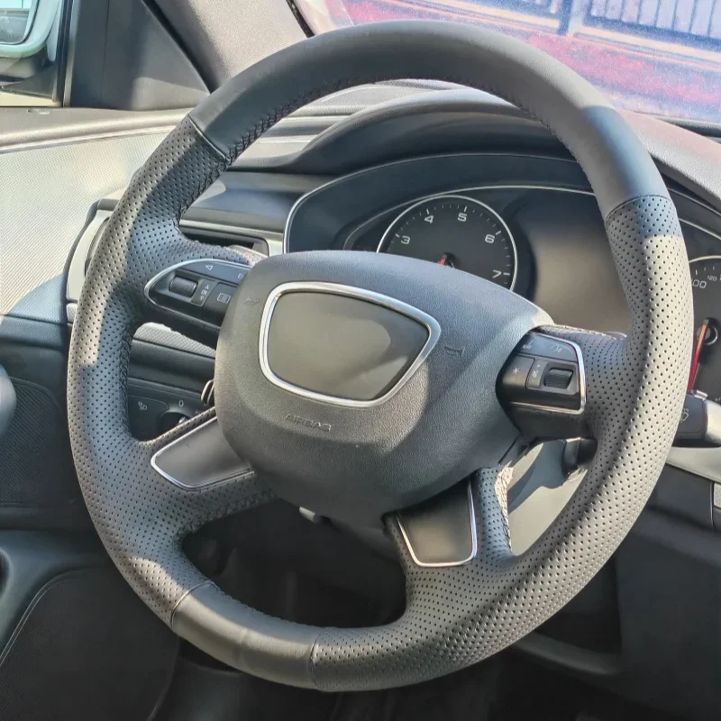 Genuine Leather Car Steering Wheel Cover For Audi Q7 2012-2015 Q3 Q5 A4 2014(B8) A6 (C7) Handle Cover Interior Car Accessories