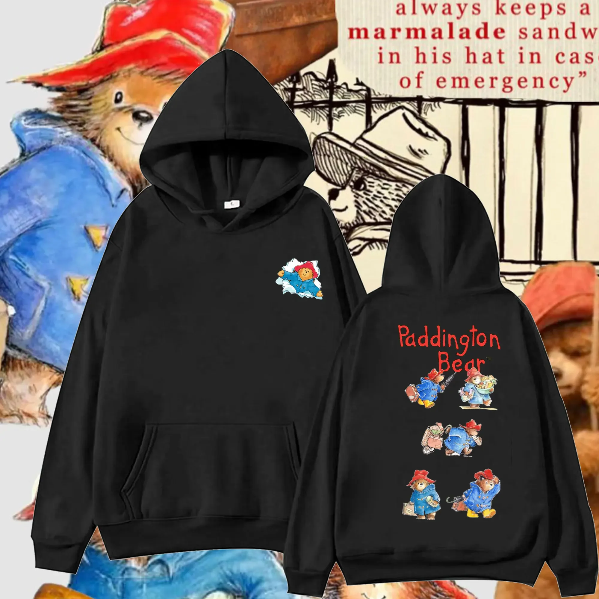 

New Men Women Hoodies Paddington Bear in London Double-sided Print Cartoon Pattern Hoodie Graphic Loose Pullover Sweatshirt