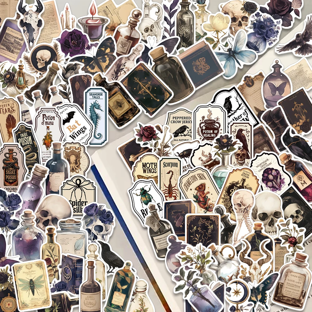 100 pièces mystérieux rétro foncé esthétique Art autocollants personnalisé fleur crâne Potion bouteille autocollants papillon corbeau bricolage cadeau