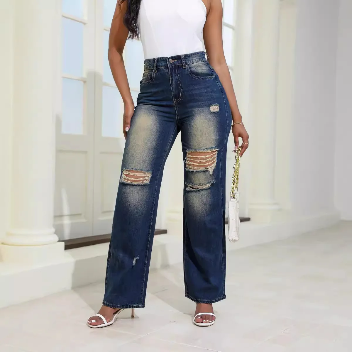 

Women's High-Waist Straight-Leg Denim Jeans Spring Autumn New Vintage Fashionable Trousers Fashionable Long Pant