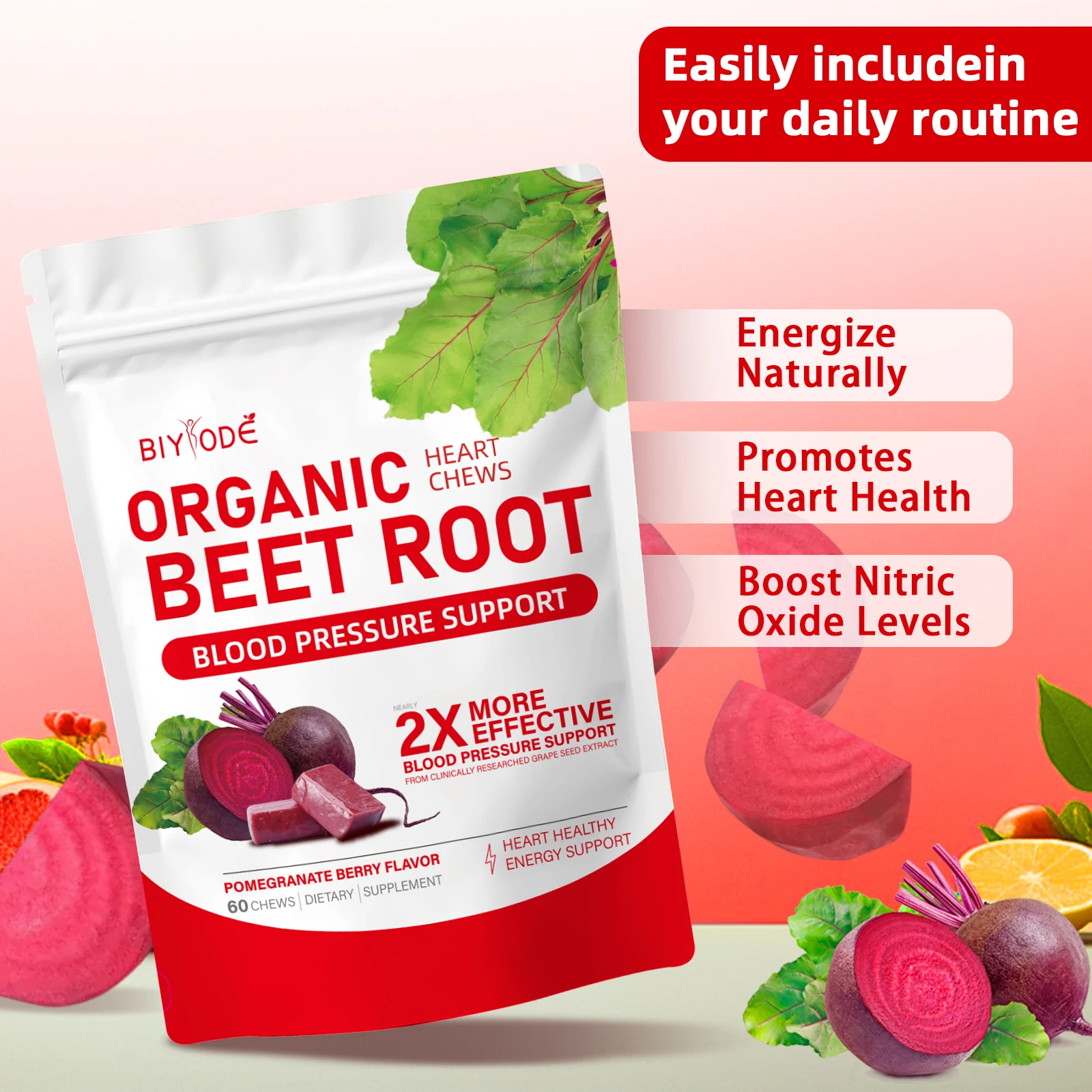SuperBeets Heart Chews, Nitric Oxide & Blood Pressure Support, Beet Root Powder for Endurance, Performance, Recovery 60 Gummies