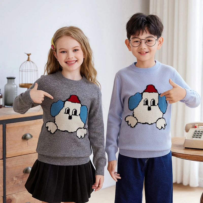 

Зимний теплый свитер с длинными рукавами для мальчиков и девочек, свитер из 100% чистой шерсти с рисунком щенка, жаккардовый пуловер, свитер для мальчиков