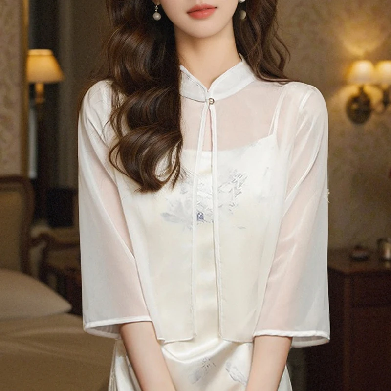 

2025 Fashion Chinese Style Stand Collar Women Shirt White Black Chiffon Sunscreen Shirt Blouse Women Tops Camisas De Mujer N582