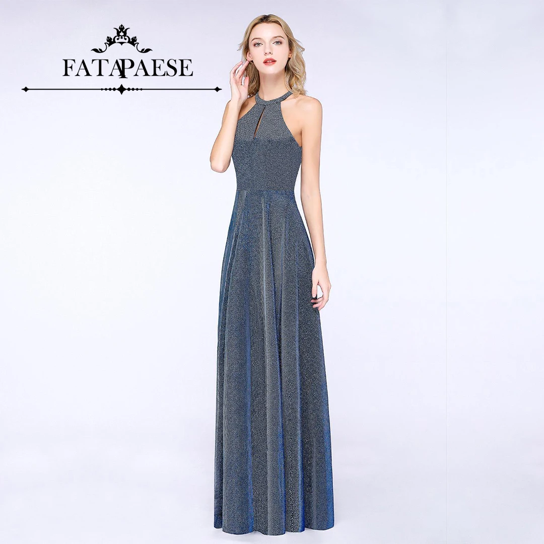 

FATAPAESE Shiny Evening Dress with Halter -neckline Floor-length A-line Gown Sparking Fabric for Formal Party