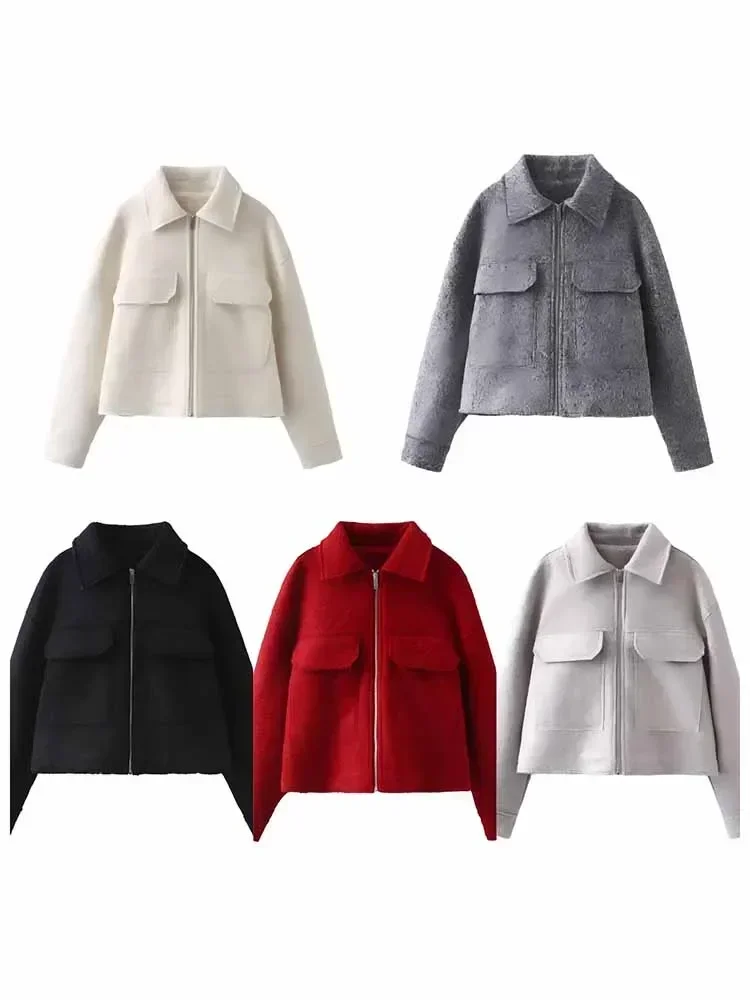 Women's new fashion flip pocket decoration casual short lapel Woolen jacket coat retro long sleeved zipper women's coat chic top