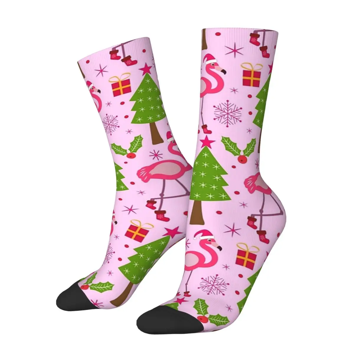 Christmas Tropical Flamingo With Pine Tree On Pink Socks Harajuku Stockings All Season Long Socks for Man Woman Birthday Present