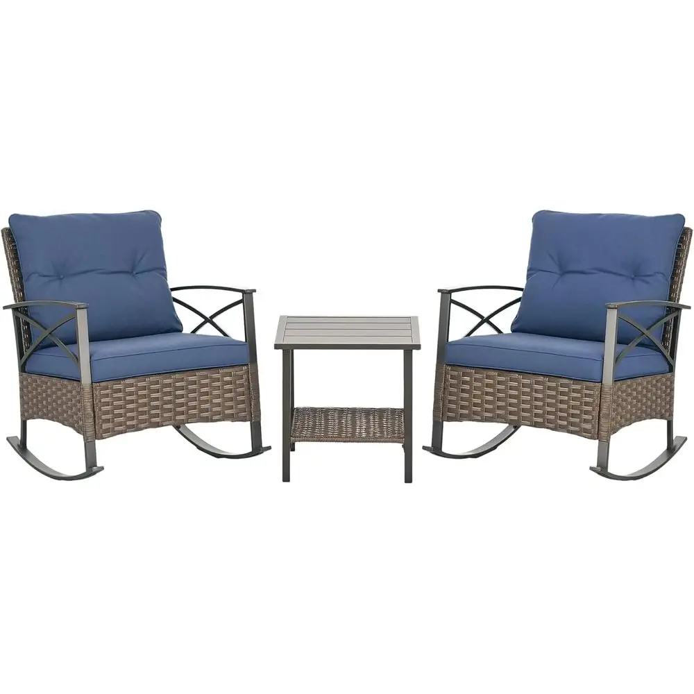 

3-Piece Outdoor Wicker Rocking Chair Set with Cushions and 2-Tier Table in Navy Blue