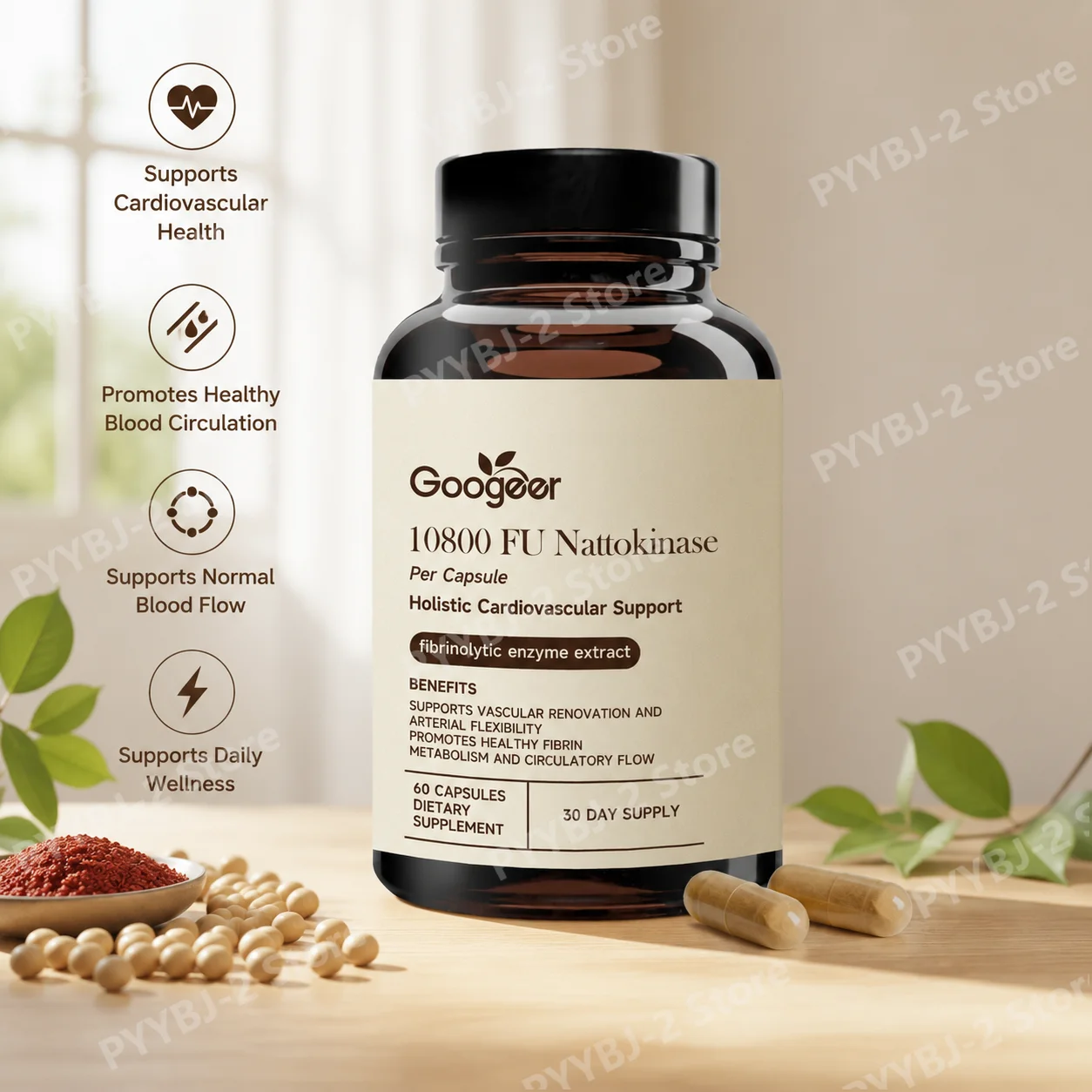 Nattokinase 10800 FU Capsules with CoQ10 Garlic Extract Cardiovascular Support Daily Nutrition Support 60 Capsules
