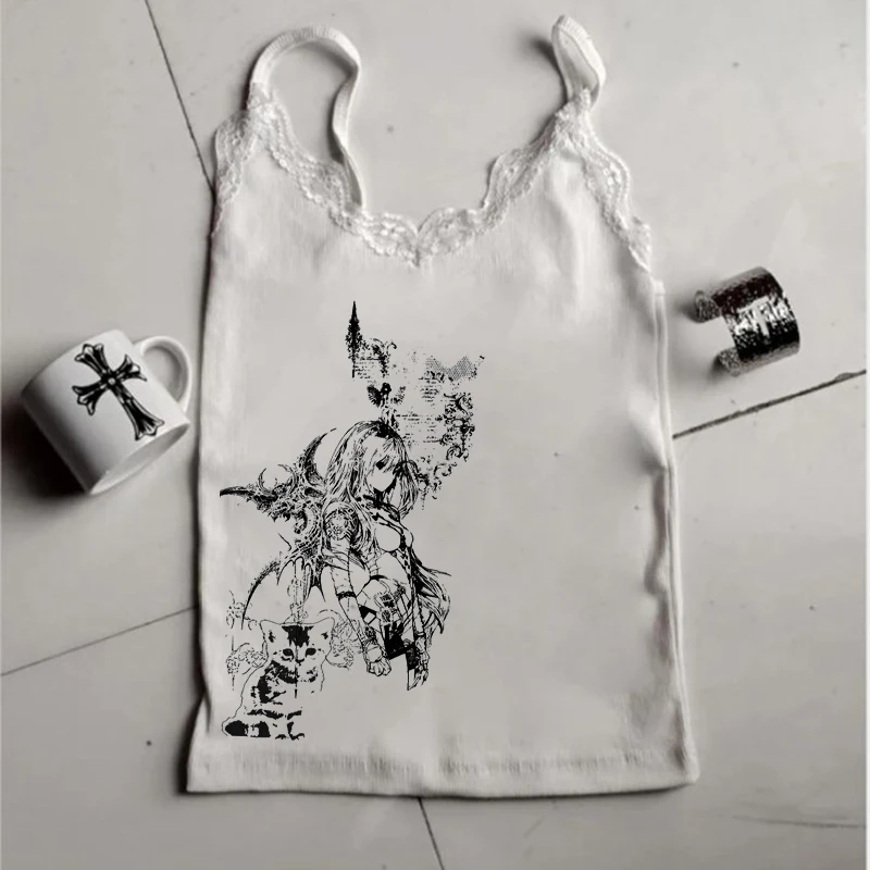 Korean Y2K Women's Tank Top Lace Edge V-neck Printed Simple Daily Fashion Versatile Slim Fit Daily Versatile