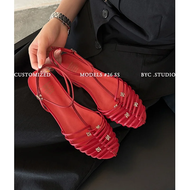 2026 summer women sandals natural leather plus size 22-25.5cm cowhide+microfiber weave+sheepskin buckle low heel women shoes view 5