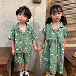 2024 Summer New Children Brother Sister Clothes Set Boys Shirts Shorts Suit Girls Cotton Dress Kids Cartoon Print Casual Outfits