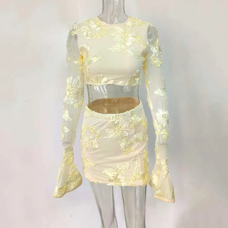 Summer Fashion Women Suits Embroider Flower Hollow Out Long Sleeve Tops Elastic Skirts Set Female Two Piece Sets Womens Outifits