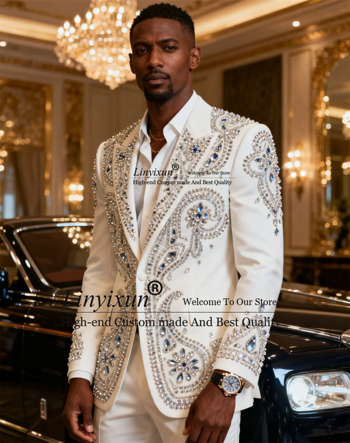 

Sparrkly Diamond Crystal Tuxedos Men Suits 2 Piece Sets Groom Party Blazers Wedding Slim Fit Male Trajes para hombre Customized