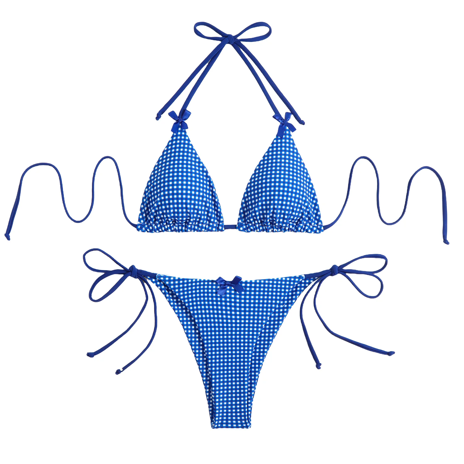 

Women's Blue Plaid Halter Bikini Set Tie Side Sexy Swimwear Two Piece Set Women's Swimsuit Quick Dry Fabric Print Beachwear 2025