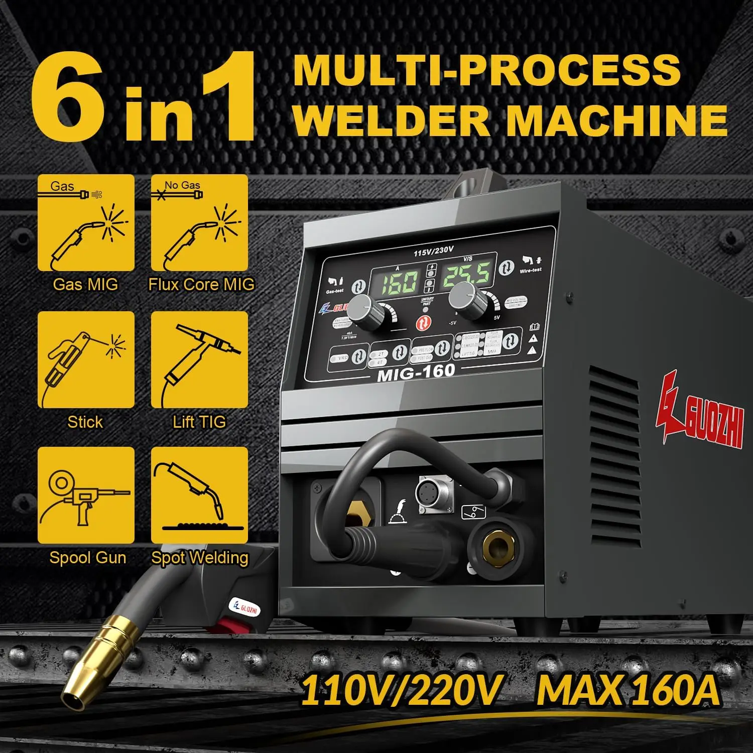 Dual Voltage 6 in 1 Stick Welder/Gas Mig/Gasless Flux Core Mig/Lift TIG/Spot Welding/Spool