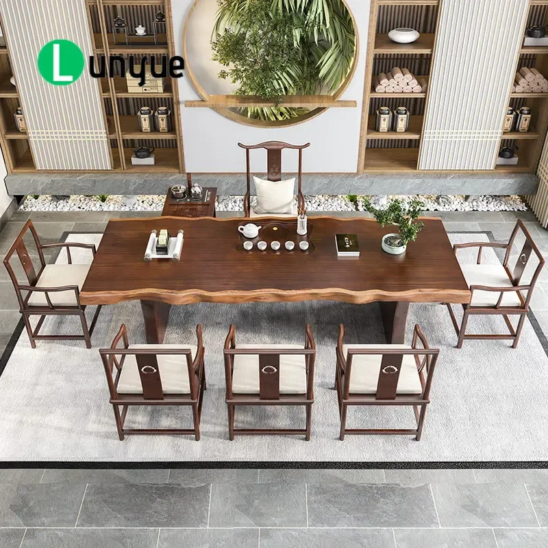 Solid Wood Log Tea Table and Chair Set 2m Large Board Kung Fu Tea Table with Integrated Tea Tray for Living Room Home